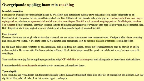 Kent Lundgrens coachinghemsida - övergripande upplägg