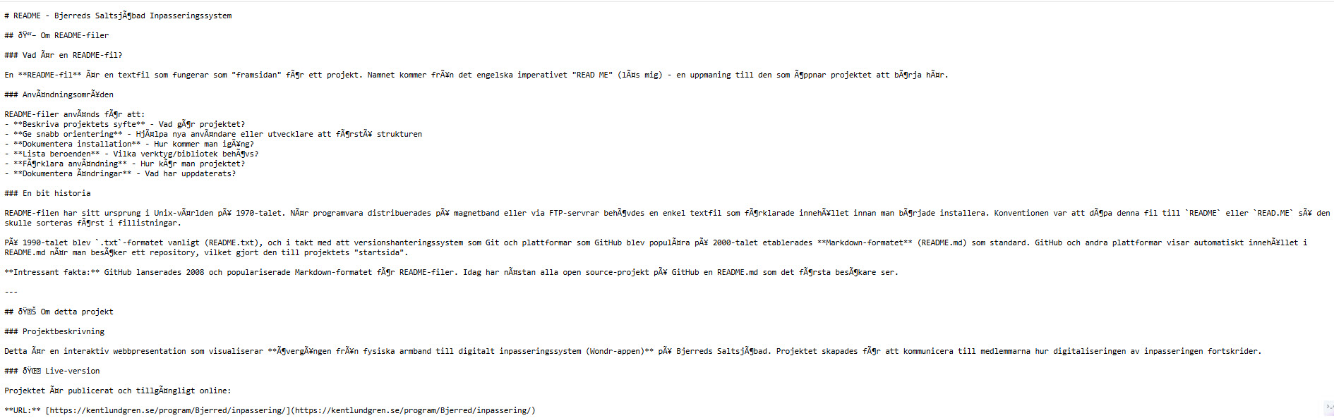 Skärmdump som visar felaktiga svenska tecken i README.md